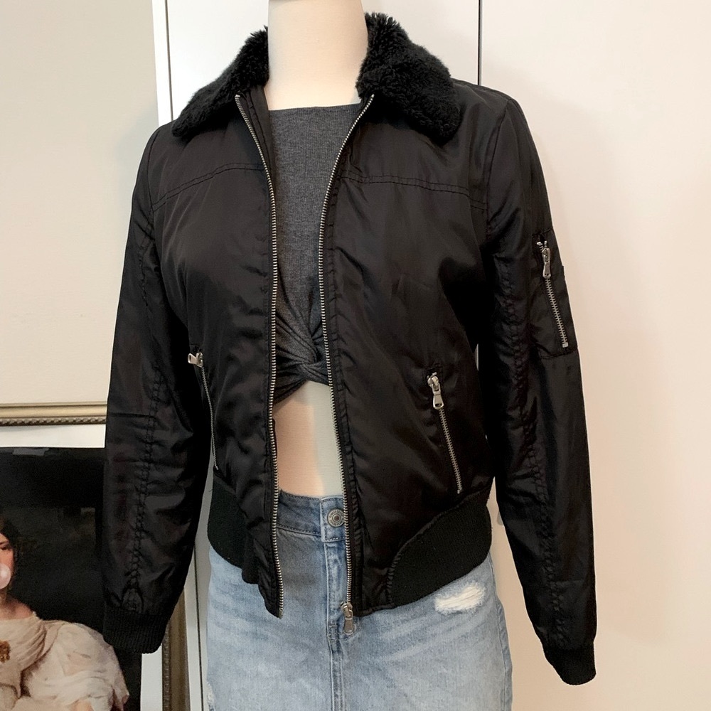 Charlotte Russe Black Bomber Jacket with Fur Collar